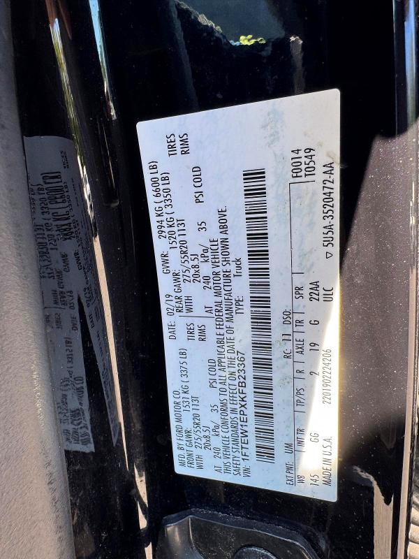 2019 Ford F150 მანქანა იყიდება აუქციონზე, vin: 1FTEW1EPXKFB23367, აუქციონის ნომერი: 70837886