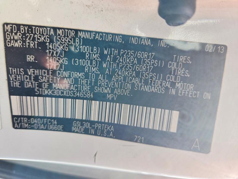 2013 Toyota Sienna მანქანა იყიდება აუქციონზე, vin: 5TDKK3DCXDS346584, აუქციონის ნომერი: 67939806