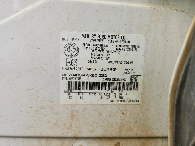 69983676 :رقم المزاد ، 2FMPK4AP8KBC12282 vin ، 2019 Ford Edge مزاد بيع