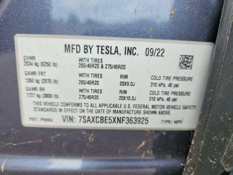 69857386 :رقم المزاد ، 7SAXCBE5XNF363925 vin ، 2022 Tesla Model X مزاد بيع