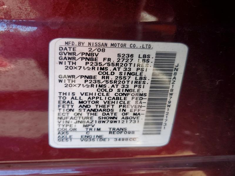 2009 Nissan Murano მანქანა იყიდება აუქციონზე, vin: JN8AZ18W79W121731, აუქციონის ნომერი: 71145656