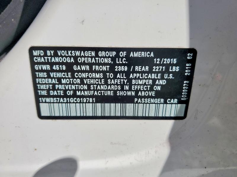 Продажа на аукционе авто 2016 Volkswagen Passat, vin: 1VWBS7A31GC019781, номер лота: 69445736