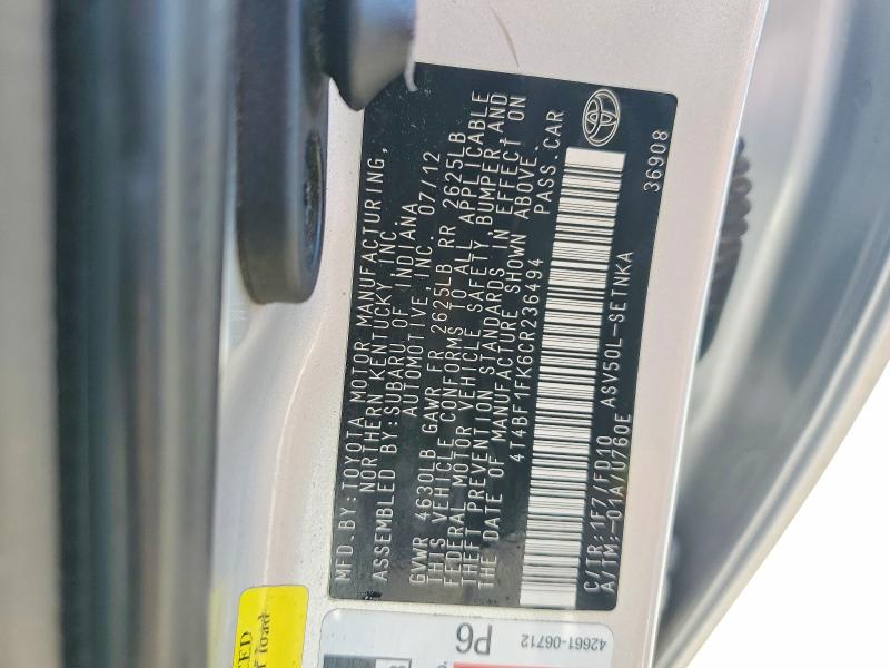Aukcja sprzedaży 2012 Toyota Camry, vin: 4T4BF1FK6CR236494, numer aukcji: 69582746