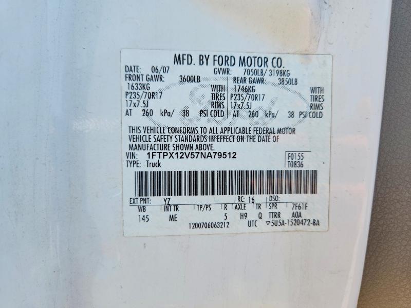 2007 Ford F150 მანქანა იყიდება აუქციონზე, vin: 1FTPX12V57NA79512, აუქციონის ნომერი: 68321906