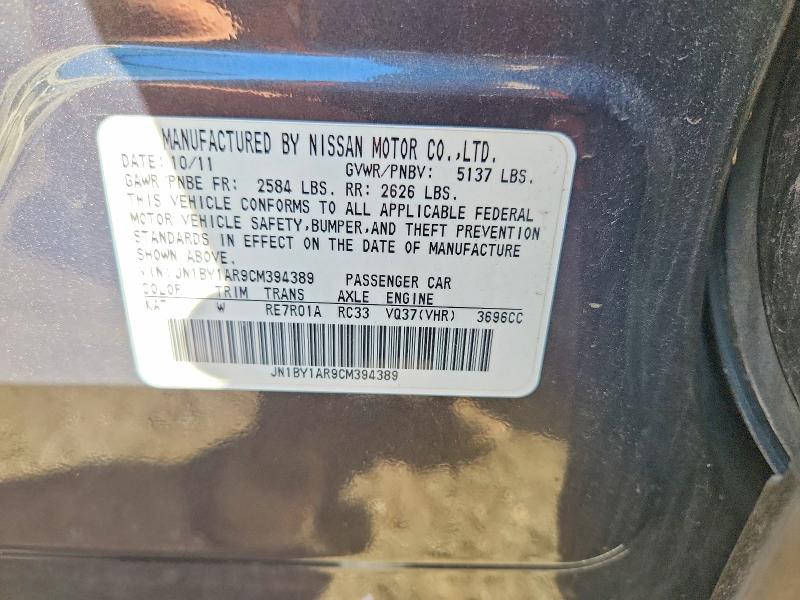 70156536 :رقم المزاد ، JN1BY1AR9CM394389 vin ، 2012 Infiniti M37 مزاد بيع