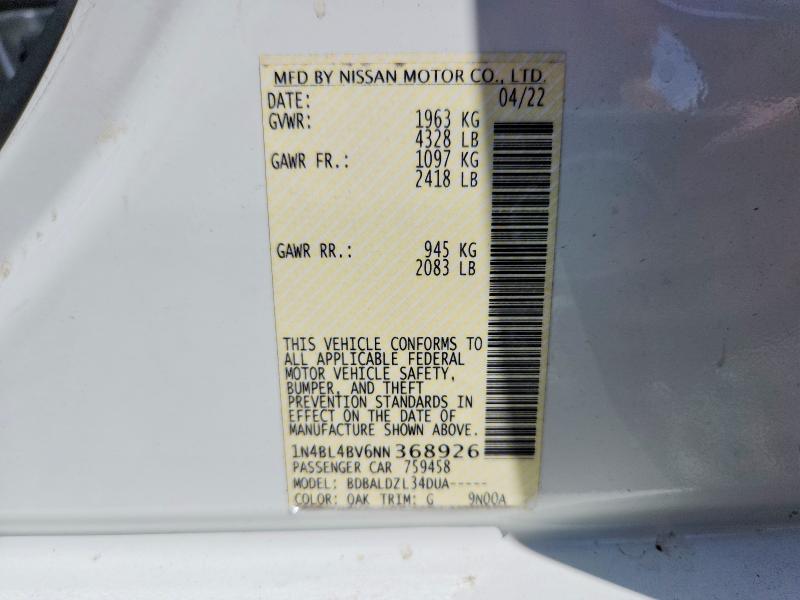 2022 Nissan Altima მანქანა იყიდება აუქციონზე, vin: 1N4BL4BV6NN368926, აუქციონის ნომერი: 69570206