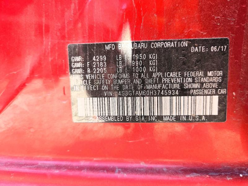 2017 Subaru Impreza მანქანა იყიდება აუქციონზე, vin: 4S3GTAM60H3745934, აუქციონის ნომერი: 68178866