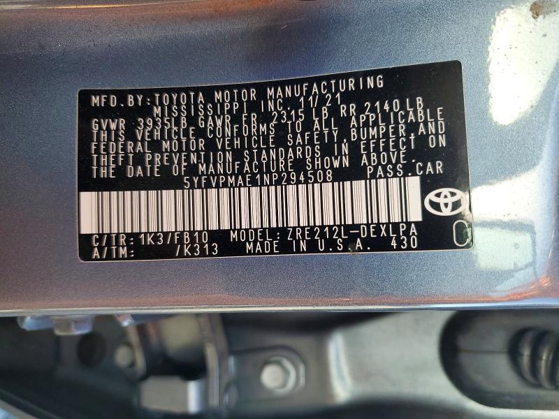 69003086 :رقم المزاد ، 5YFVPMAE1NP294508 vin ، 2022 Toyota Corolla مزاد بيع