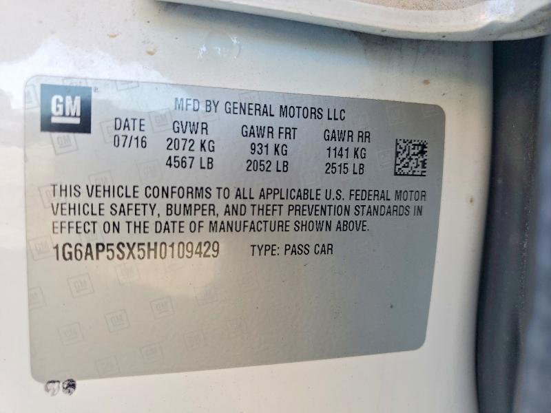 2017 Cadillac Cts მანქანა იყიდება აუქციონზე, vin: 1G6AP5SX5H0109429, აუქციონის ნომერი: 69727536