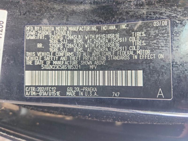 Продаж на аукціоні авто 2008 Toyota Sienna, vin: 5TDZK23C58S185321, номер лоту: 70945436