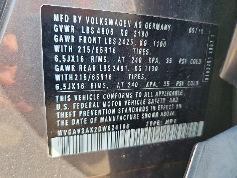 2013 Volkswagen Tiguan მანქანა იყიდება აუქციონზე, vin: WVGAV3AX2DW624108, აუქციონის ნომერი: 69038376