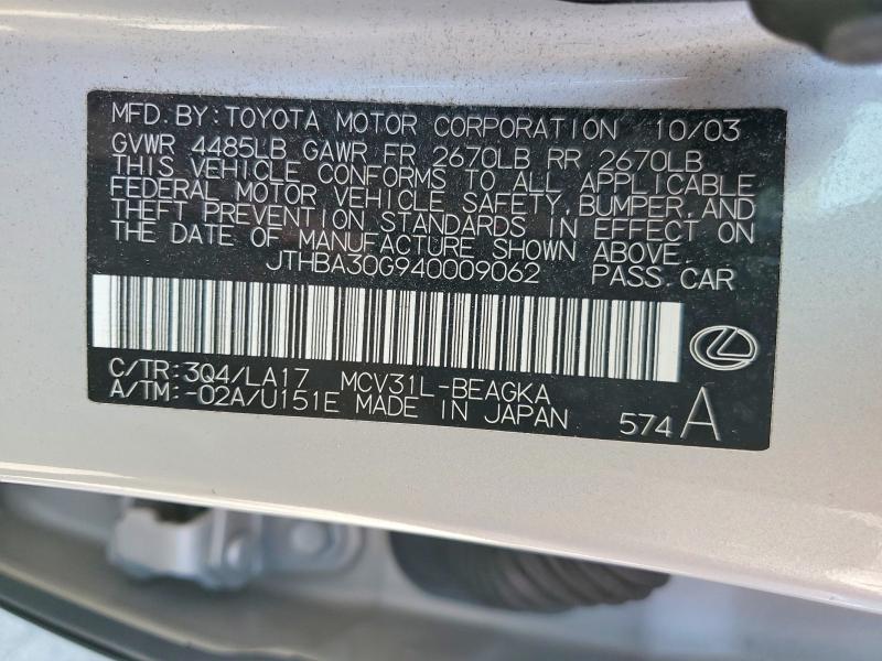 Aukcja sprzedaży 2004 Lexus Es, vin: JTHBA30G940009062, numer aukcji: 68700296