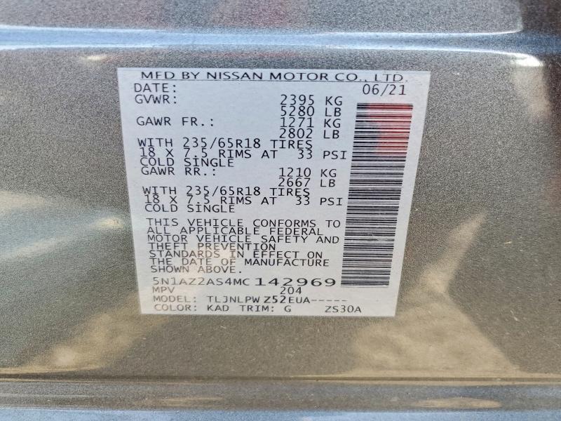 2021 Nissan Murano მანქანა იყიდება აუქციონზე, vin: 5N1AZ2AS4MC142969, აუქციონის ნომერი: 66951906