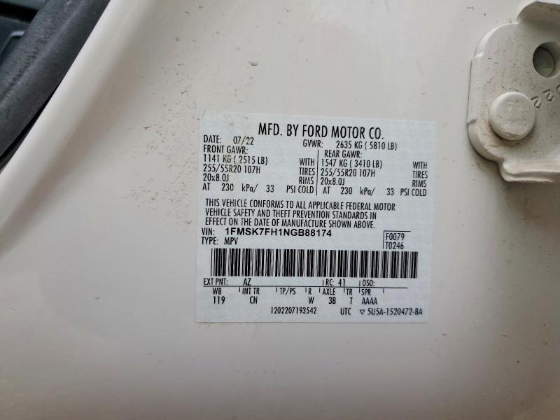 69071436 :رقم المزاد ، 1FMSK7FH1NGB88174 vin ، 2022 Ford Explorer مزاد بيع