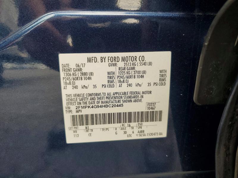 68065496 :رقم المزاد ، 2FMPK4G94HBC20445 vin ، 2017 Ford Edge مزاد بيع