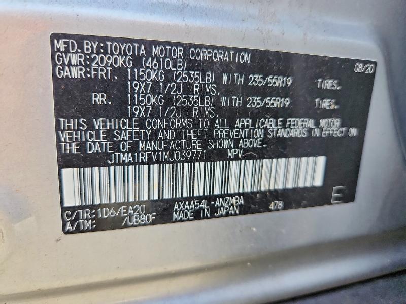 2021 Toyota Rav4 მანქანა იყიდება აუქციონზე, vin: JTMA1RFV1MJ039771, აუქციონის ნომერი: 66991026