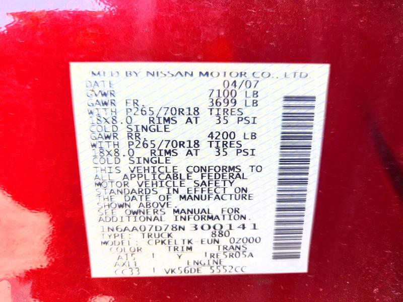 Aukcja sprzedaży 2008 Nissan Titan, vin: 1N6AA07D78N300141, numer aukcji: 69823566