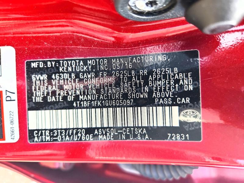 Продаж на аукціоні авто 2016 Toyota Camry, vin: 4T1BF1FK1GU605097, номер лоту: 69125086