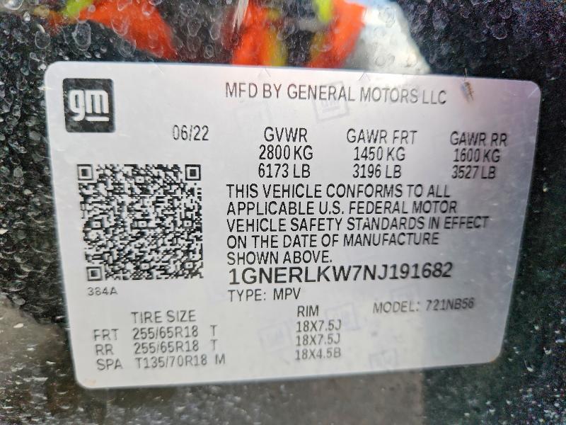 70145636 :رقم المزاد ، 1GNERLKW7NJ191682 vin ، 2022 Chevrolet Traverse مزاد بيع