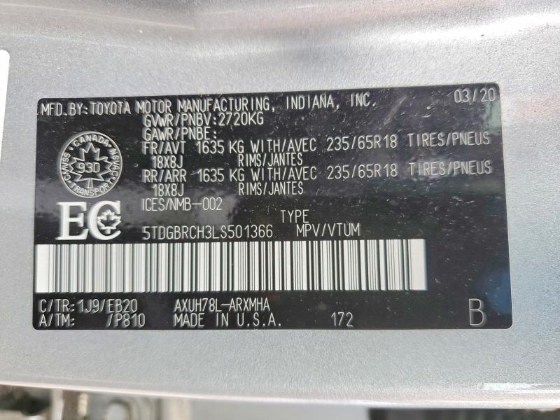 Продажа на аукционе авто 2020 Toyota Highlander, vin: 5TDGBRCH3LS501366, номер лота: 69080526