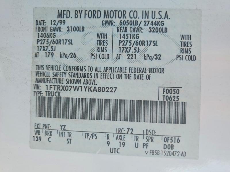 2000 Ford F150 მანქანა იყიდება აუქციონზე, vin: 1FTRX07W1YKA80227, აუქციონის ნომერი: 67713776