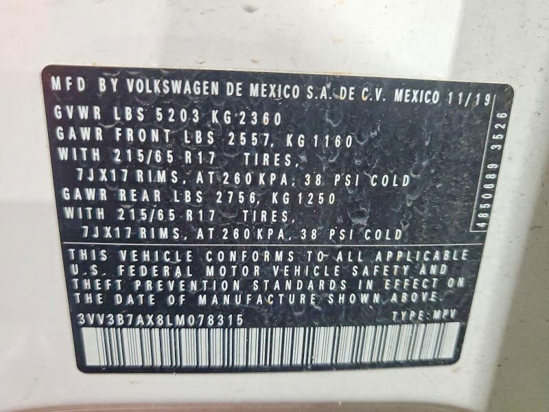 2020 Volkswagen Tiguan მანქანა იყიდება აუქციონზე, vin: 3VV3B7AX8LM078315, აუქციონის ნომერი: 68096476