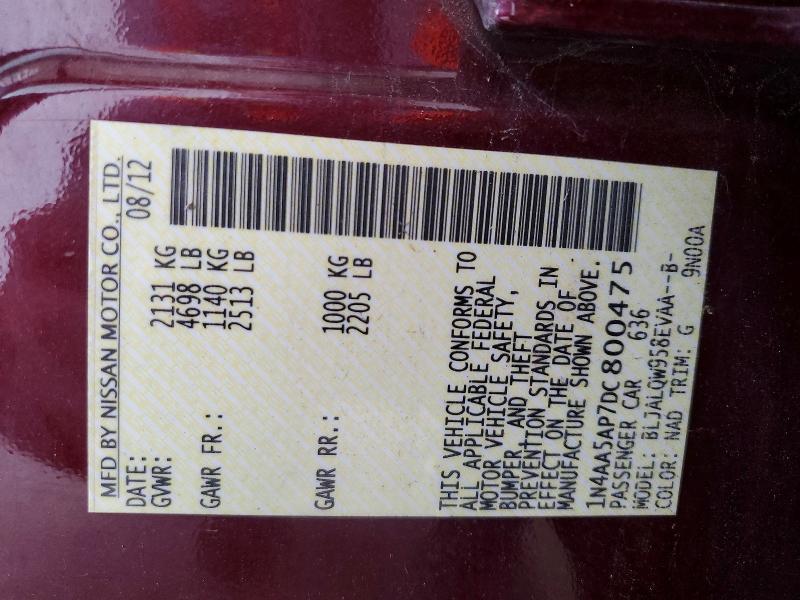 69711786 :رقم المزاد ، 1N4AA5AP7DC800475 vin ، 2013 Nissan Maxima مزاد بيع