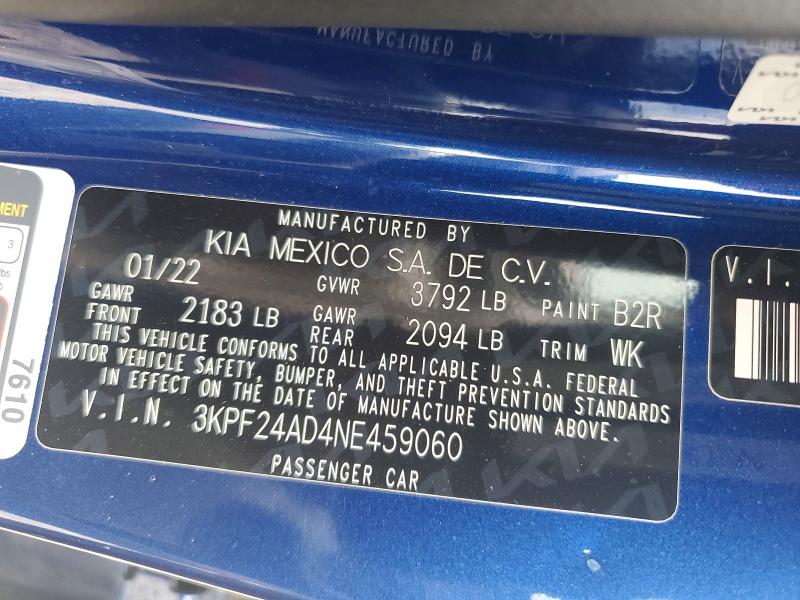 2022 Kia Forte მანქანა იყიდება აუქციონზე, vin: 3KPF24AD4NE459060, აუქციონის ნომერი: 71059516