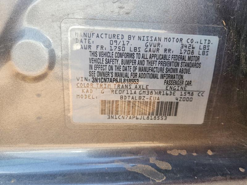 Продаж на аукціоні авто 2018 Nissan Versa, vin: 3N1CN7AP6JL818553, номер лоту: 69175186