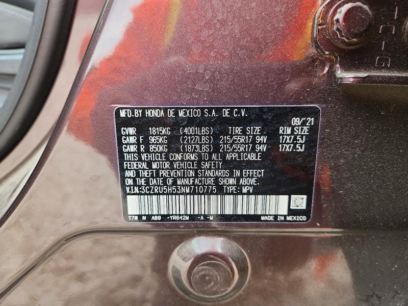2022 Honda Hr-v მანქანა იყიდება აუქციონზე, vin: 3CZRU5H53NM710775, აუქციონის ნომერი: 67862426