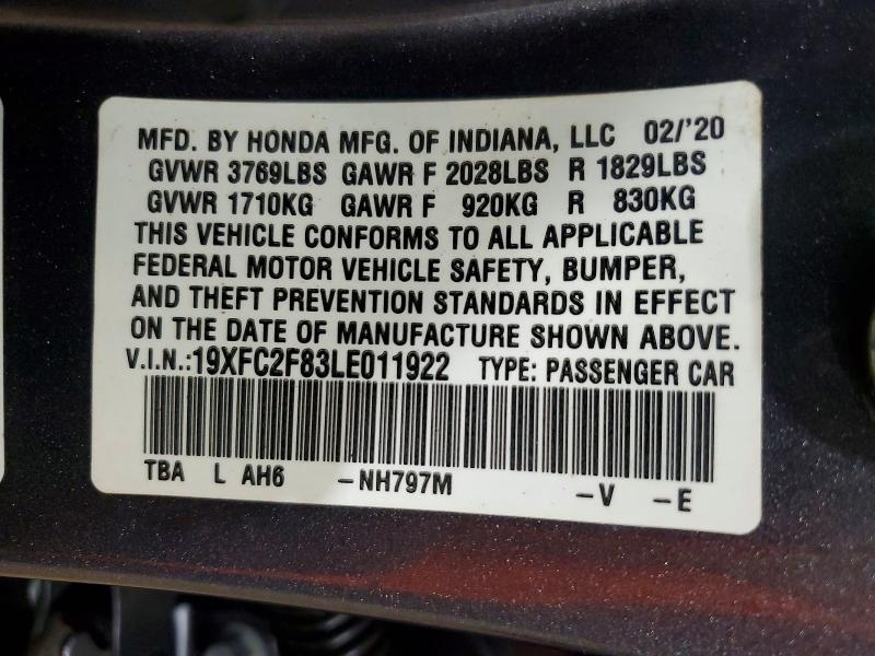 2020 Honda Civic მანქანა იყიდება აუქციონზე, vin: 19XFC2F83LE011922, აუქციონის ნომერი: 68278186