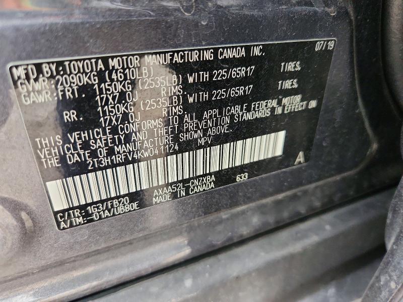 Aukcja sprzedaży 2019 Toyota Rav4, vin: 2T3H1RFV4KW041124, numer aukcji: 70175826