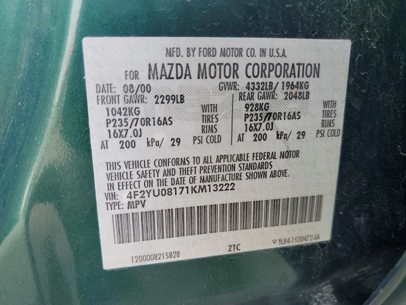 Продажа на аукционе авто 2001 Mazda Tribute, vin: 4F2YU08171KM13222, номер лота: 69815476
