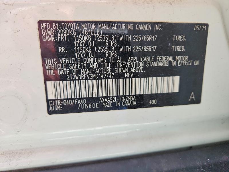 Aukcja sprzedaży 2021 Toyota Rav4, vin: 2T3W1RFV3MC142747, numer aukcji: 69898996