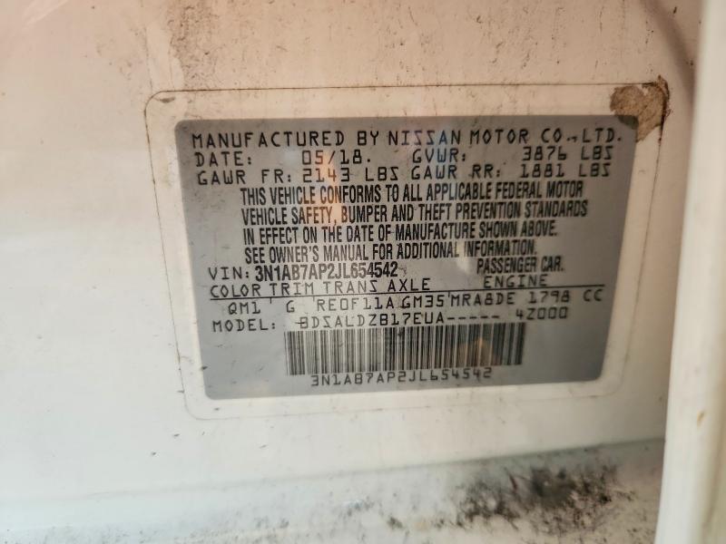 2018 Nissan Sentra მანქანა იყიდება აუქციონზე, vin: 3N1AB7AP2JL654542, აუქციონის ნომერი: 70568206