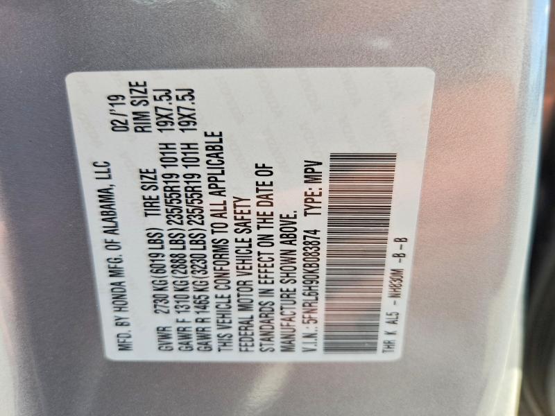 65962766 :رقم المزاد ، 5FNRL6H90KB083874 vin ، 2019 Honda Odyssey مزاد بيع