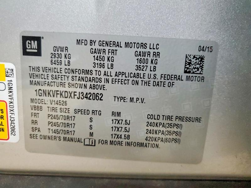 Aukcja sprzedaży 2015 Chevrolet Traverse, vin: 1GNKVFKDXFJ342062, numer aukcji: 67271726