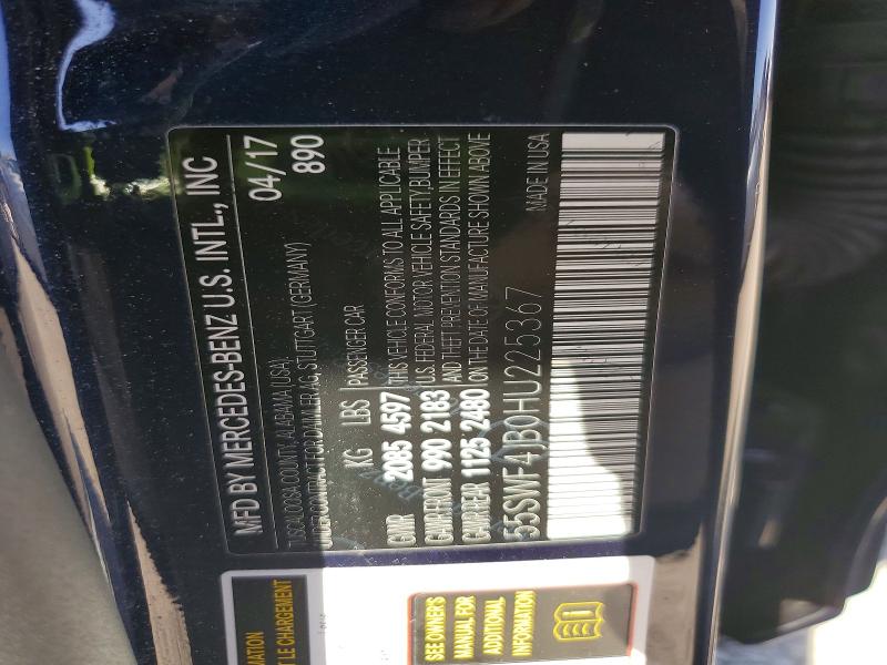 2017 Mercedes-benz C მანქანა იყიდება აუქციონზე, vin: 55SWF4JB0HU225367, აუქციონის ნომერი: 69798806