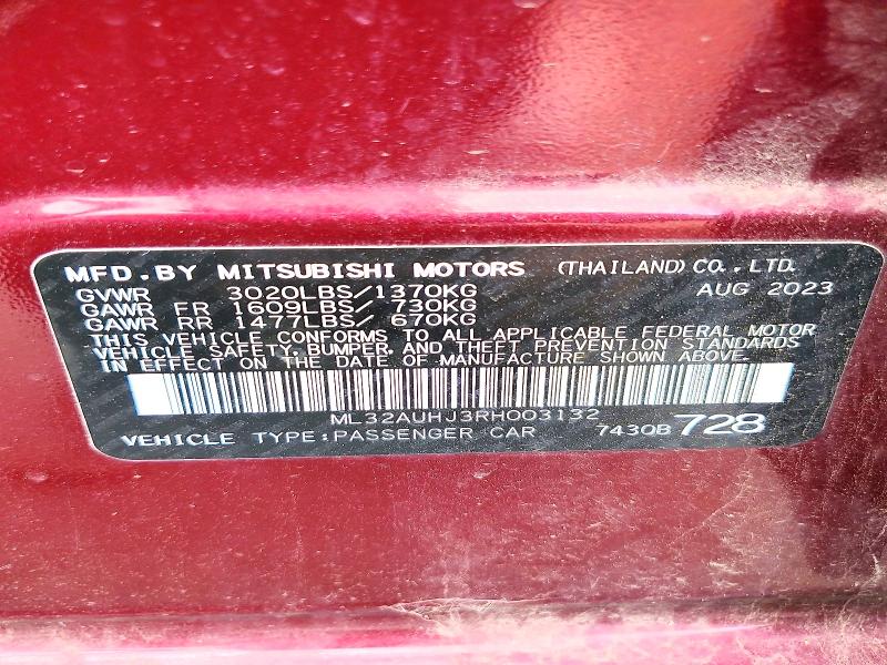2024 Mitsubishi Mirage მანქანა იყიდება აუქციონზე, vin: ML32AUHJ3RH003132, აუქციონის ნომერი: 71244726