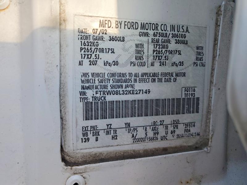 2002 Ford F150 მანქანა იყიდება აუქციონზე, vin: 1FTRW08L32KE27149, აუქციონის ნომერი: 67732426