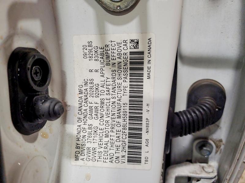 Продаж на аукціоні авто 2020 Honda Civic, vin: 2HGFC2F86LH589115, номер лоту: 70334676