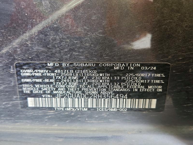 2024 Subaru Crosstrek მანქანა იყიდება აუქციონზე, vin: JF2GUADC2RH356494, აუქციონის ნომერი: 68336576