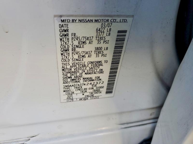 2007 Nissan Titan მანქანა იყიდება აუქციონზე, vin: 1N6AA07A37N242372, აუქციონის ნომერი: 68805706