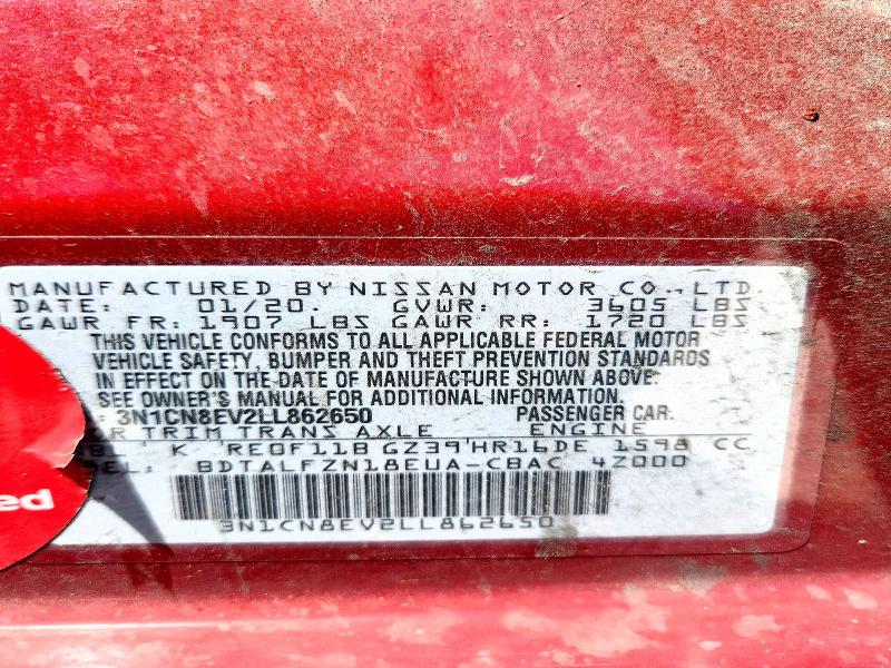 67425586 :رقم المزاد ، 3N1CN8EV2LL862650 vin ، 2020 Nissan Versa مزاد بيع