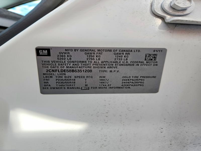 70596316 :رقم المزاد ، 2CNFLDE58B6351208 vin ، 2011 Chevrolet Equinox مزاد بيع
