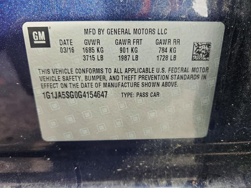 Продажа на аукционе авто 2016 Chevrolet Sonic, vin: 1G1JA5SG0G4154647, номер лота: 68135106