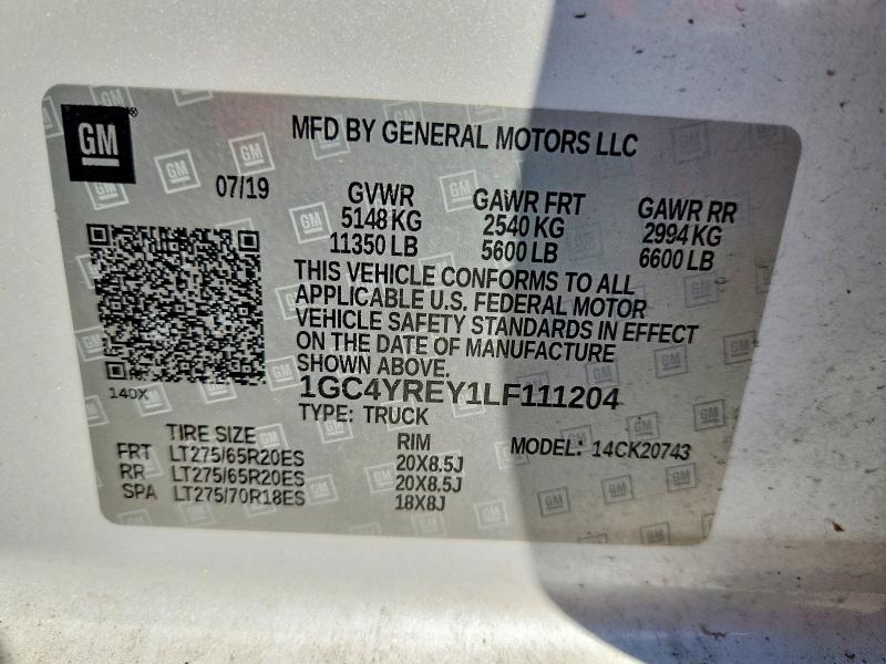 69962236 :رقم المزاد ، 1GC4YREY1LF111204 vin ، 2020 Chevrolet Silverado مزاد بيع