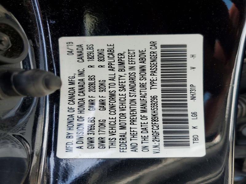 Aukcja sprzedaży 2019 Honda Civic, vin: 2HGFC2F89KH559296, numer aukcji: 68201726