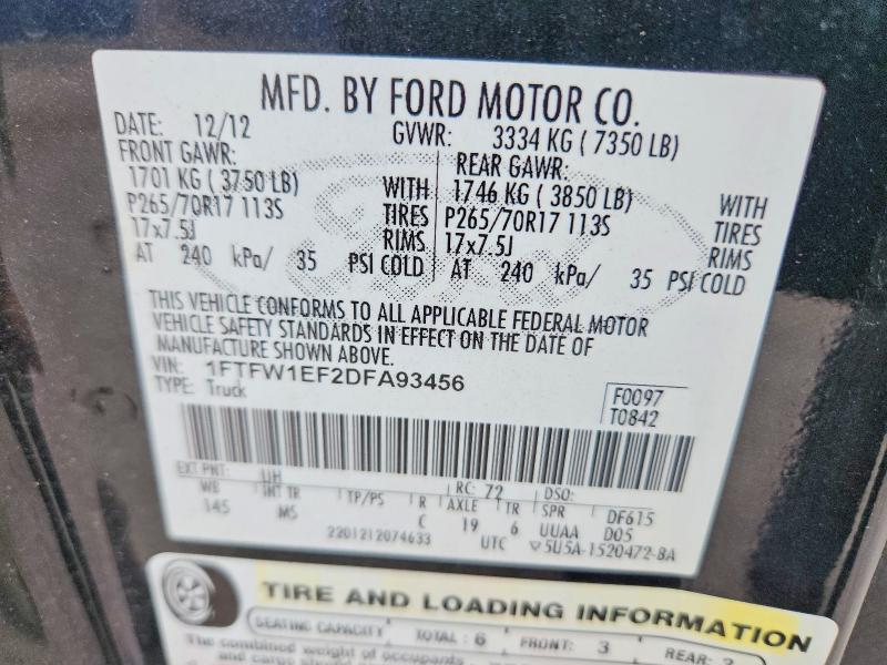 2013 Ford F150 მანქანა იყიდება აუქციონზე, vin: 1FTFW1EF2DFA93456, აუქციონის ნომერი: 70180486