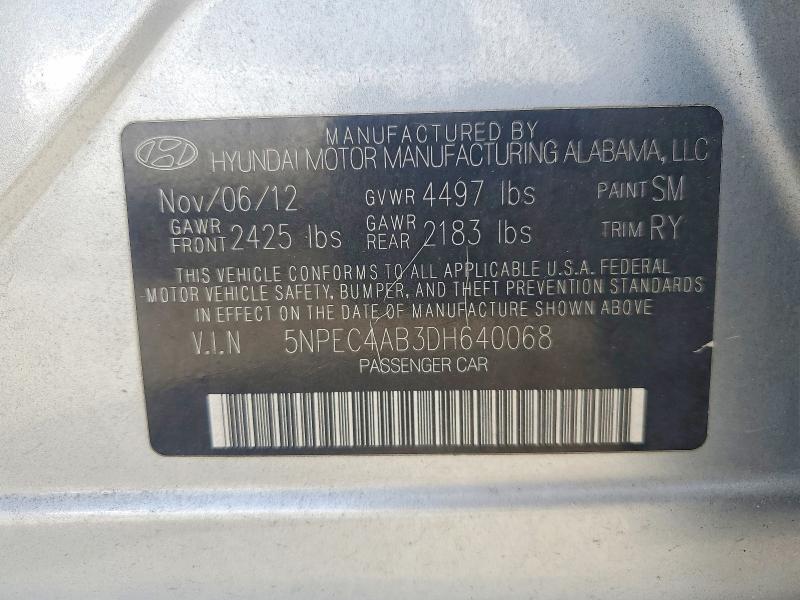 2013 Hyundai Sonata მანქანა იყიდება აუქციონზე, vin: 5NPEC4AB3DH640068, აუქციონის ნომერი: 68570676